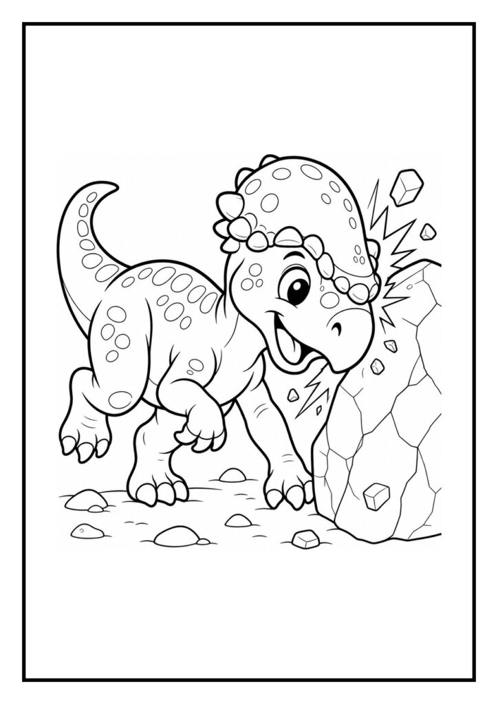 Schattige Pachycephalosaurus die vrolijk met zijn kop een boomnoot los tikt op een kleurplaat voor kinderen