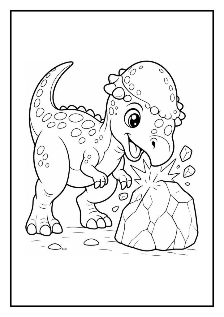 Kleurplaat van een vrolijke Pachycephalosaurus die een rollende pompoen vooruit duwt