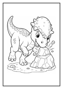 Kleurplaat van een vrolijke ankylosaurus die met zijn staart op een steen slaat tussen varens