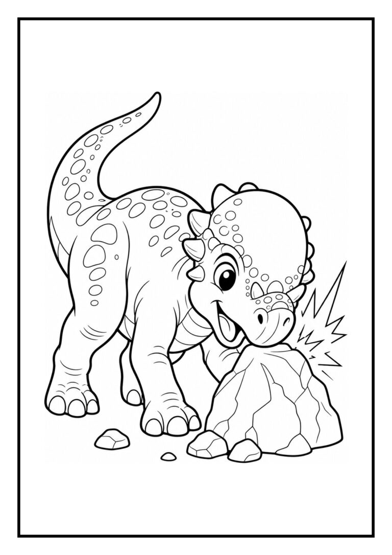 Leuke kleurplaat van een Pachycephalosaurus die vrolijk met zijn kop tegen een rots aan duwt en modderspetter maakt.