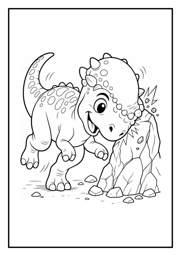 Kleurplaat van een vrolijke Pachycephalosaurus die een jong dinosaurus omhoog helpt