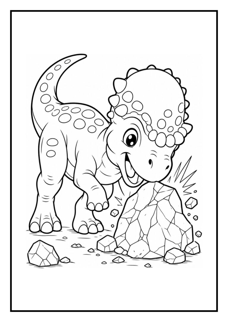Kleurplaat van een vrolijke Pachycephalosaurus die met zijn kop een vallende tak wegduwt