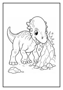 Kleurplaat van een vrolijke Pachycephalosaurus die nestmateriaal tegen een rots duwt
