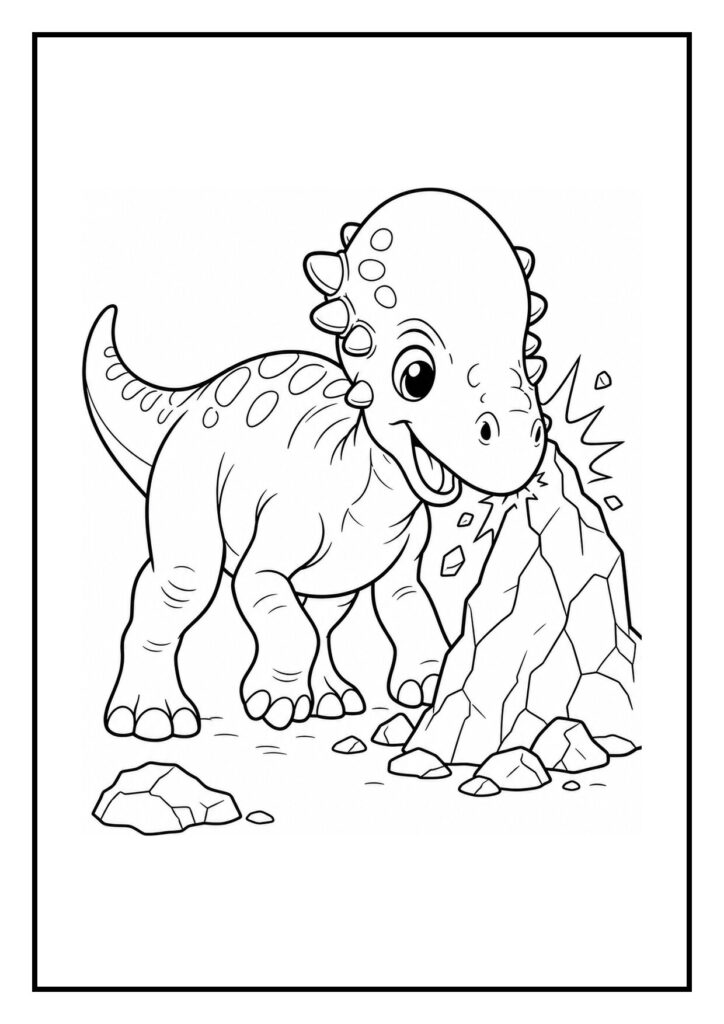 Kleurplaat van een vrolijke Pachycephalosaurus die nestmateriaal tegen een rots duwt