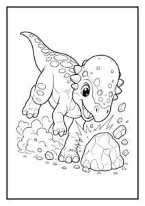 Kleurplaat van een pachycephalosaurus die vrolijk achter een vlinder aan rent in een prehistorische setting