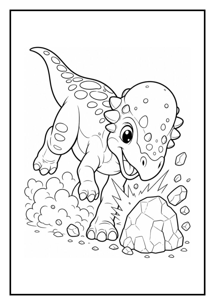 Kleurplaat van een pachycephalosaurus die vrolijk achter een vlinder aan rent in een prehistorische setting