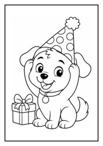 Kleurplaat van een hondje met een feesthoed versierd met stippen en een cadeau ernaast.