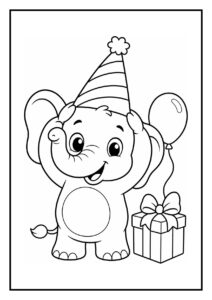 Kleurplaat van een schattige olifant met een draaiende feesthoed, ballon en cadeau, feestelijk en geschikt voor kinderen