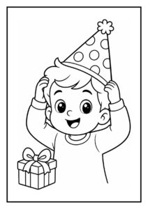 Kleurplaat van een blij kind met feestmuts en een cadeau om het thema verjaardag te vieren