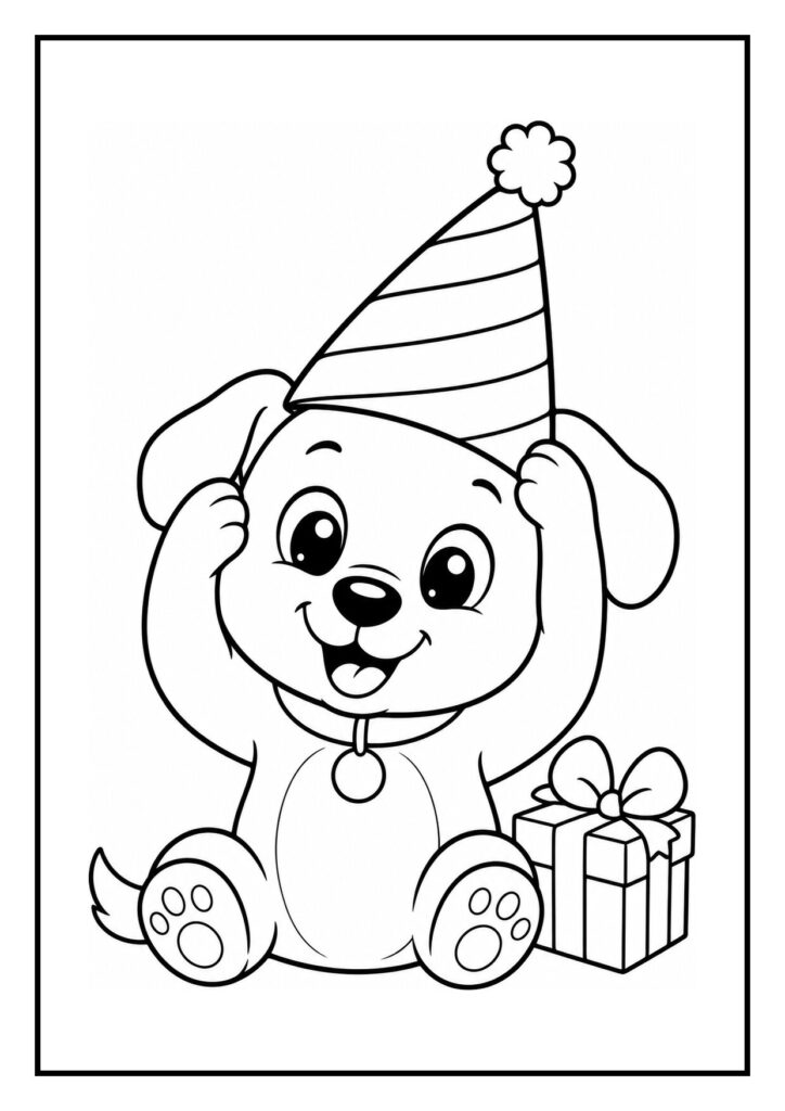 Kleurplaat van een vrolijke puppy met een scheef feesthoedje en een cadeau, geschikt voor kinderen.