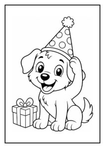 Kleurplaat van een schattige hond met een verjaardagsmuts en een cadeau in feestelijke sfeer