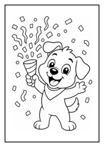 Kleurplaat van een vrolijke, schattige hond die kaarsen uitblaast en confetti strooit tijdens een feest.