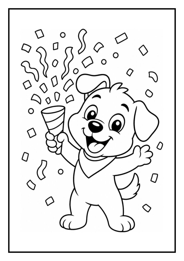 Kleurplaat van een vrolijke, schattige hond die kaarsen uitblaast en confetti strooit tijdens een feest.