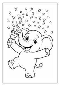 Vrolijke olifant die confetti blaast met een feesthoorn op een kleurplaat