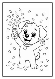 Kleurplaat van een vrolijke feestelijke hond die confetti vangt naast een taart