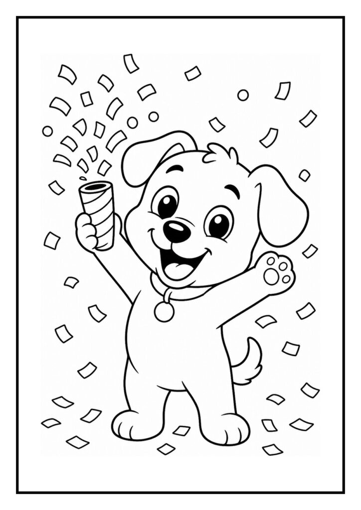 Kleurplaat van een vrolijke feestelijke hond die confetti vangt naast een taart