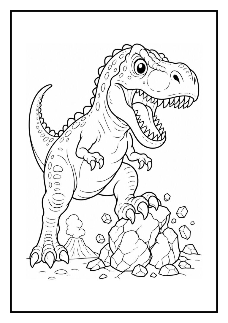Vriendelijke T-Rex die op een steen staat bij rokende vulkaan en door een varensveld breekt