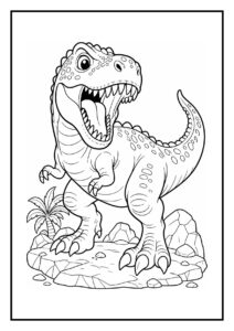 Kleurplaat van een boze T-Rex die op een rots staat met een kleine palmboom op de achtergrond.
