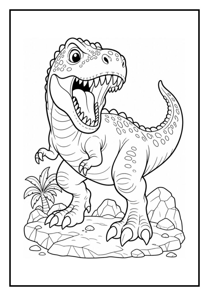 Kleurplaat van een boze T-Rex die op een rots staat met een kleine palmboom op de achtergrond.
