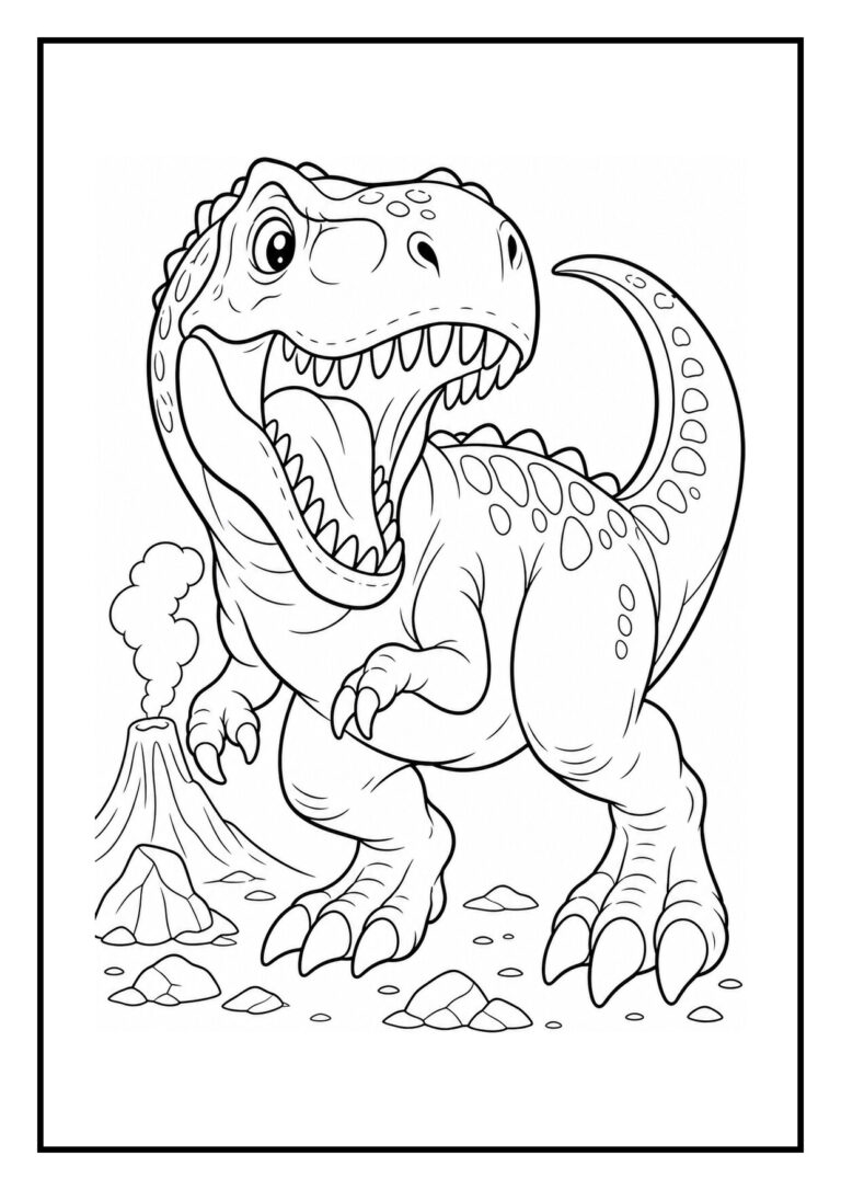 Kleurplaat van een giganotosaurus op een rotsrand met een rokende vulkaan op de achtergrond, geschikt voor kinderen.