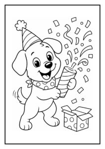 Kleurplaat van een vrolijk hondje met een feesthoedje dat confetti uit een feestknaller laat komen