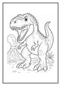 Leuke kleurplaat van een schattige T-Rex die roept tijdens een storm met een vulkaan op de achtergrond.