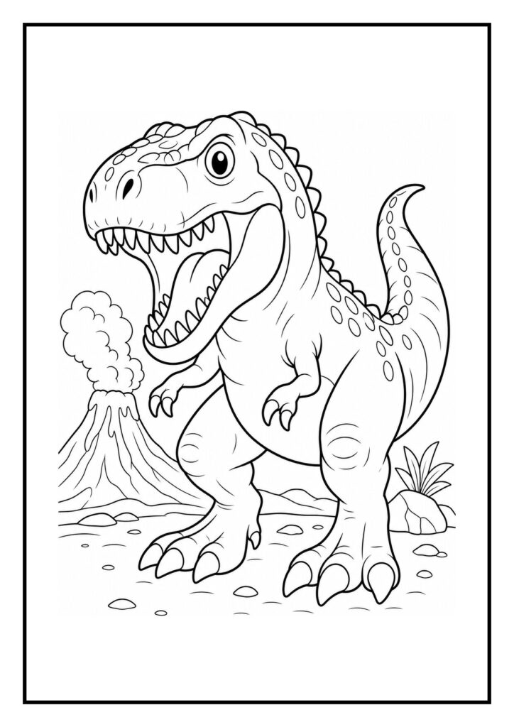 Leuke kleurplaat van een schattige T-Rex die roept tijdens een storm met een vulkaan op de achtergrond.
