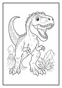 Kleurplaat van een Giganotosaurus die een wegrollende steen achterna jaagt met een vulkaan op de achtergrond
