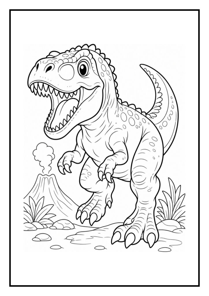 Leuke kleurplaat van een schattige T-Rex met een vulkaan op de achtergrond en een grote voetafdruk.