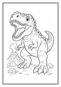 Schattige T-Rex kleurplaat met vrolijke dinosaurus bij een prehistorische beek en rokende vulkaan op de achtergrond