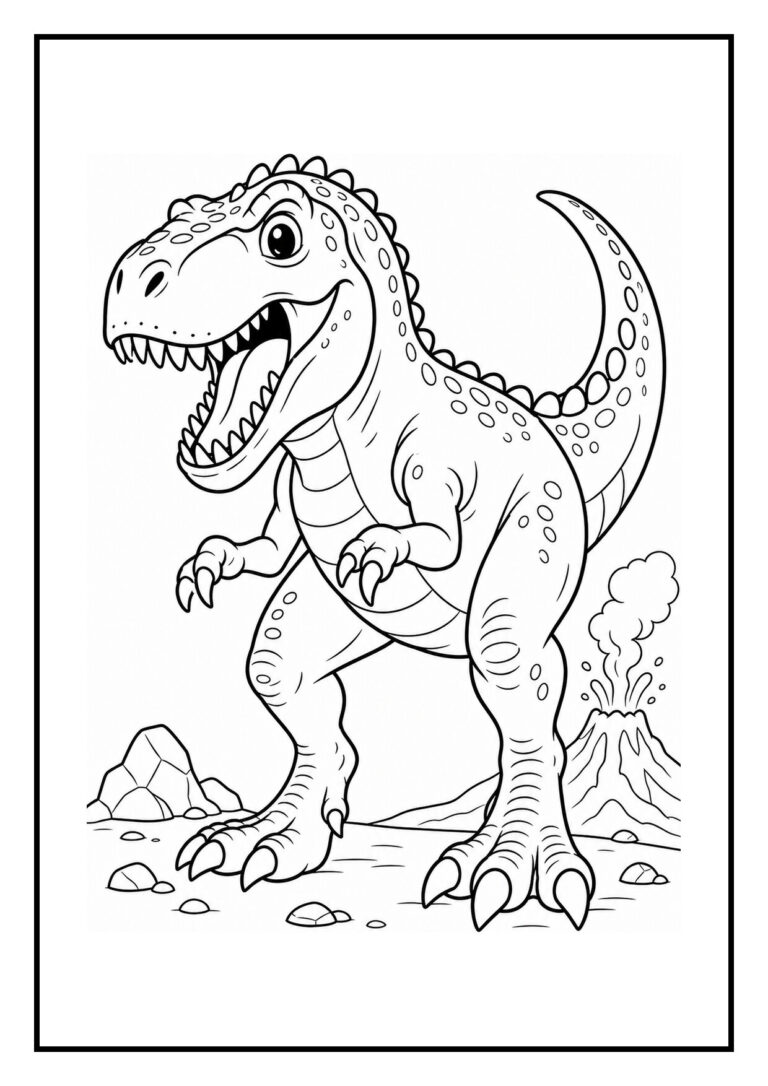 Vrolijke Giganotosaurus springt over een omgevallen boomstam in een prehistorisch landschap met vulkaan