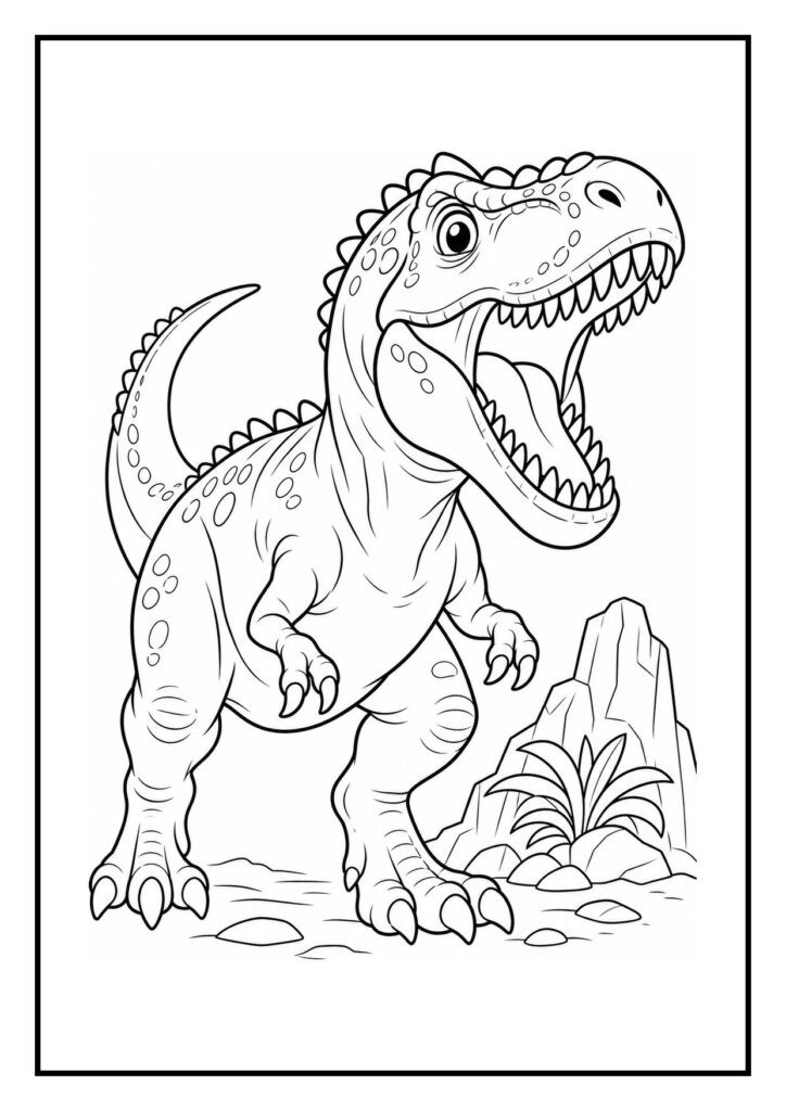 Kleurplaat van een speelse Giganotosaurus die tussen rotsen naar voedsel zoekt met open bek en planten ernaast.