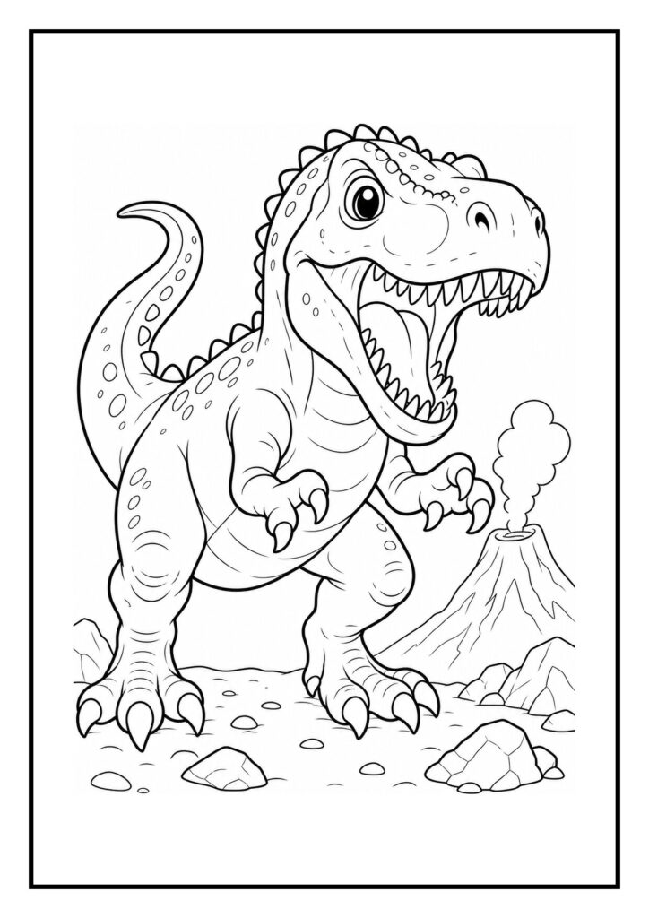 Kleurplaat van een Giganotosaurus die jaagt in een open landschap met een vulkaan op de achtergrond