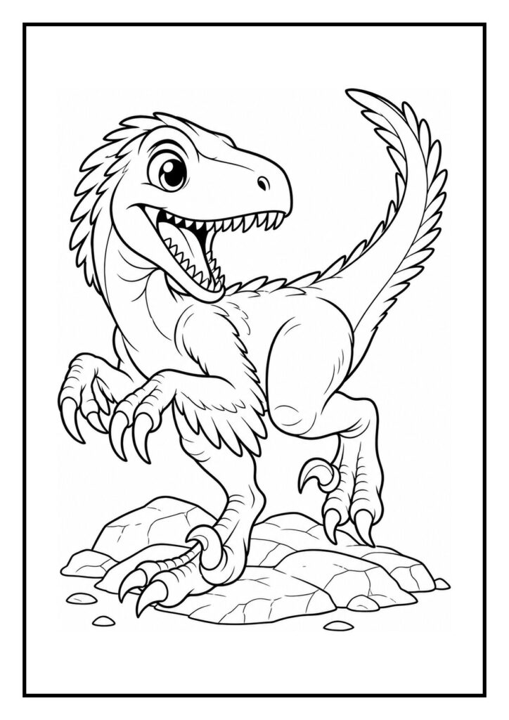 Kleurplaat van een schattige velociraptor die naar een prooi springt op rotsen