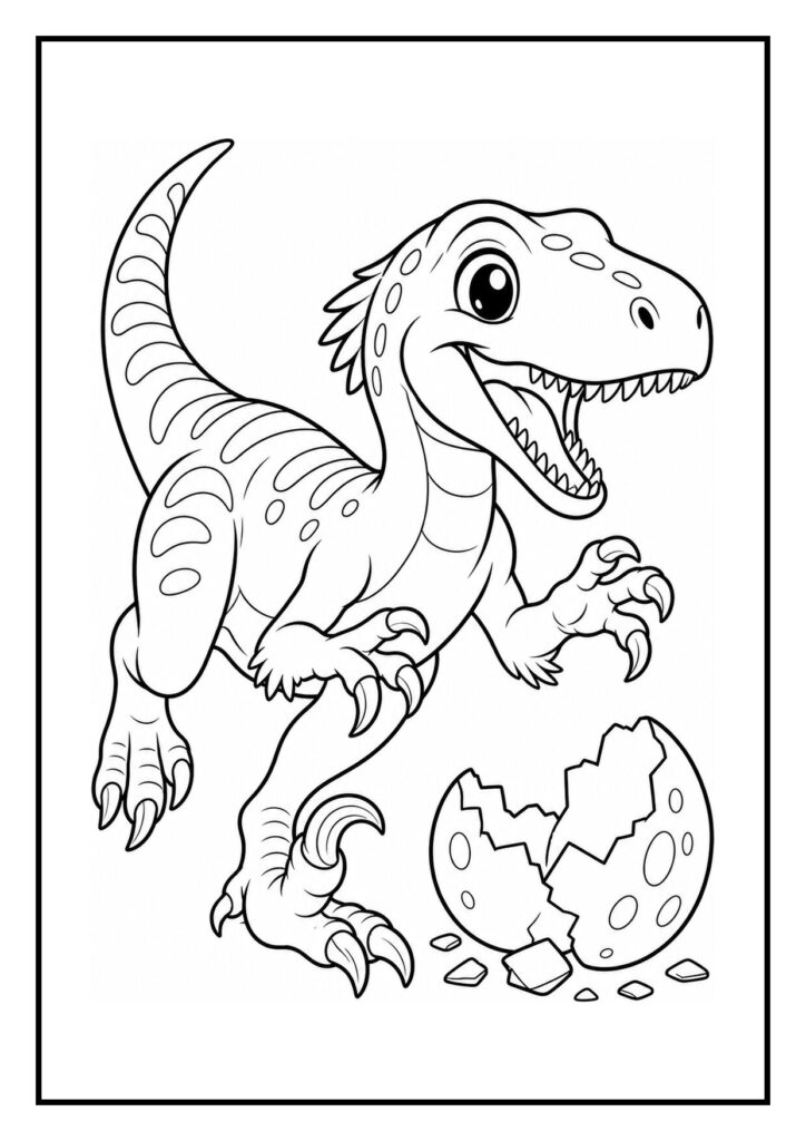 Kleurplaat van een Deinonychus die vrolijk over een omgevallen boomstam springt in een prehistorische omgeving.