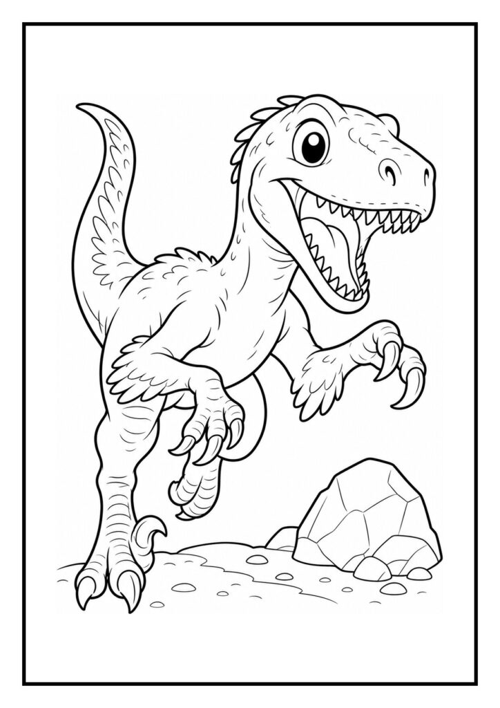 Vrolijke velociraptor die een ei kraakt in een prehistorische omgeving, geschikt voor peuters.