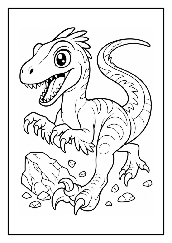 Kleurplaat van een schattige velociraptor die een harde brul laat horen terwijl hij tussen stenen loopt
