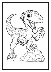 Leuke kleurplaat van een speelse velociraptor die van een gladde rots helling af glijdt