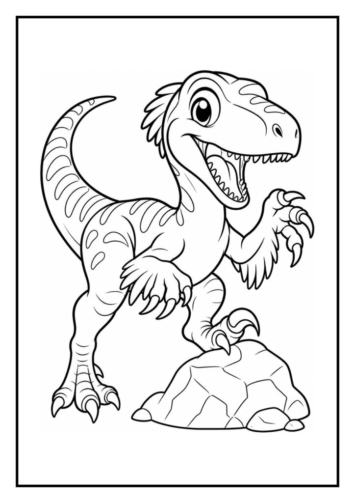 Leuke kleurplaat van een speelse velociraptor die van een gladde rots helling af glijdt