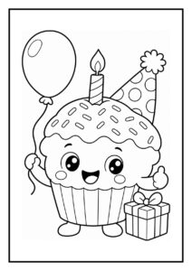 Kleurplaat van een schattige verjaardag cupcake met hoed, ballon, cadeau en kaars onder confetti-regen