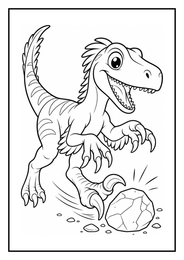 Leuke kleurplaat van een vrolijke velociraptor die probeert een zwevende vlinder te vangen