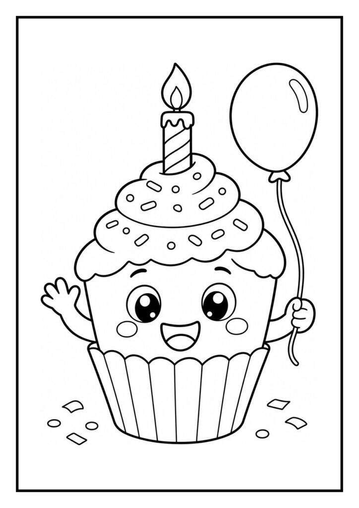 Kleurplaat van een schattige cupcake met feesthoedje, brandende kaars en ballon, geschikt voor jonge kinderen.