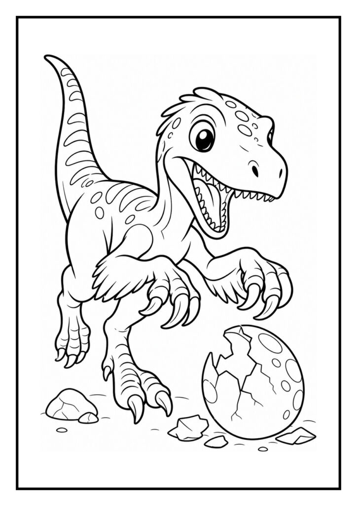 Kleurplaat van een Deinonychus dinosaurus die op een rots klautert in een vrolijke scène