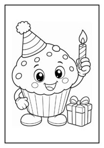 Kleurplaat van een verjaardagscupcake met een kaars, sterretjesvuurwerk, feestelijke muts en cadeau
