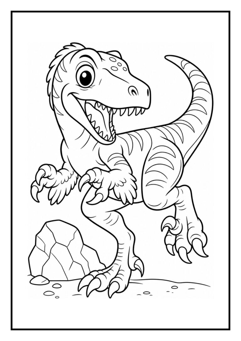Kleurplaat van een speelse velociraptor dinosaurier die sluipt langs een struikje in het maanlicht