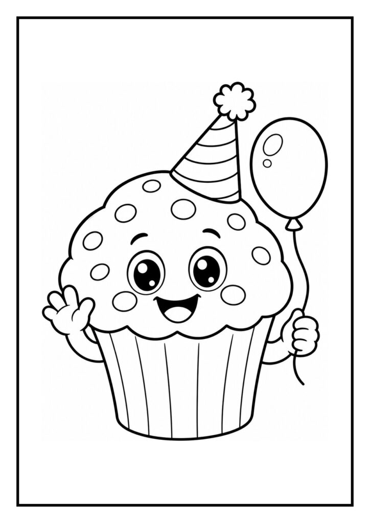 Een schattige kleurplaat van een feestelijke cupcake met een feesthoedje en een ballon die cadeautjes ontvangt.