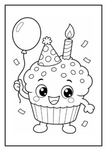 Leuke kleurplaat van een vrolijke cupcake met een feesthoed, één kaars en een ballon