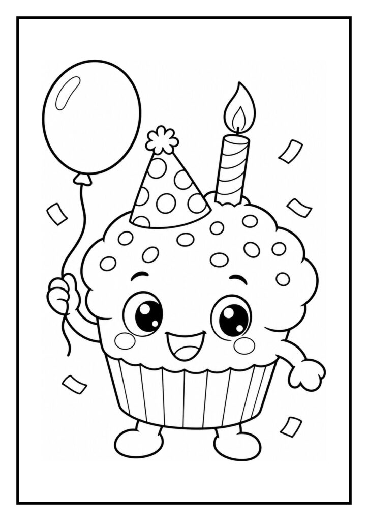 Leuke kleurplaat van een vrolijke cupcake met een feesthoed, één kaars en een ballon