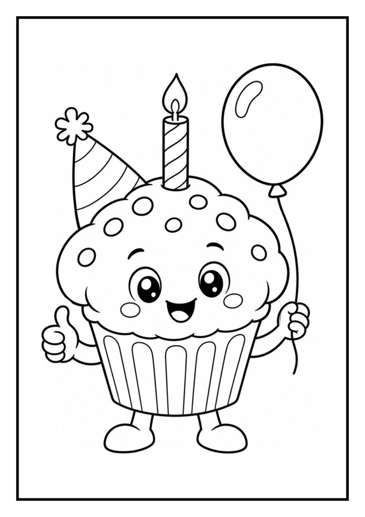 Kleurplaat van een vrolijke verjaardags cupcake met feesthoedje, kaars en ballon