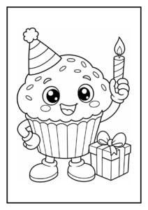 Feestelijke kleurplaat van een lachende cupcake met een feesthoedje, een brandende kaars en een cadeau